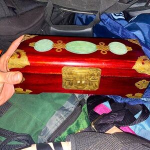 Antique Shanghai China Cherry Wood Jewelry Box with Brass Hardware Accents 10"